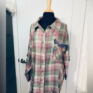 Free People Plaid Button Down Shirt - Green and Pink